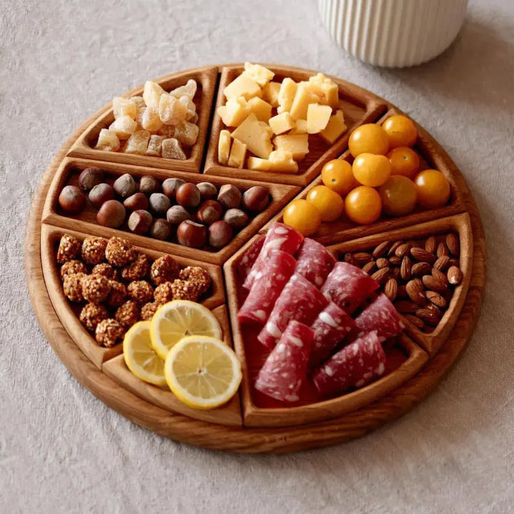 Serving Board Wood 25.0 cm Round With 8 Compartments Appetisers Cheese Snacks Serving Platter Organiser | Thomler