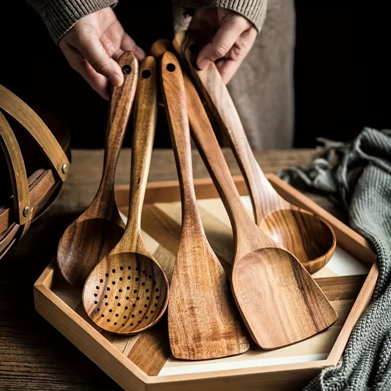 Kitchen Utensil Set Wooden 5-Piece 30.0 cm Cooking Spoons Spatula Ladle Durable Everyday Use | Thomler