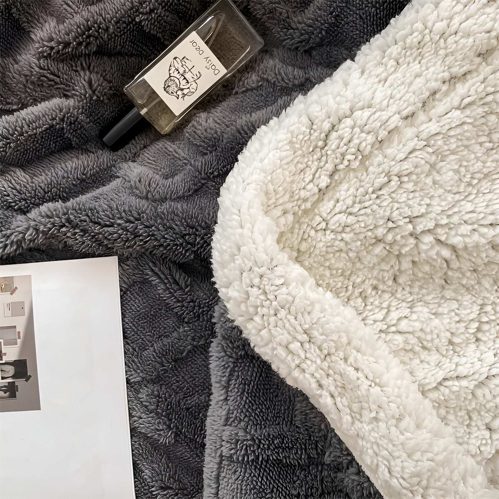 Fleece Blanket Polyester Sherpa 150.0 x 200.0 cm Grey White Sofa Bed Reversible Warm Throw Cosy Lounge Bedding | Thomler