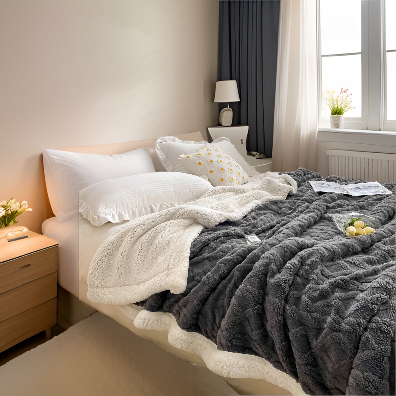 Fleece Blanket Polyester Sherpa 150.0 x 200.0 cm Grey White Sofa Bed Reversible Warm Throw Cosy Lounge Bedding | Thomler