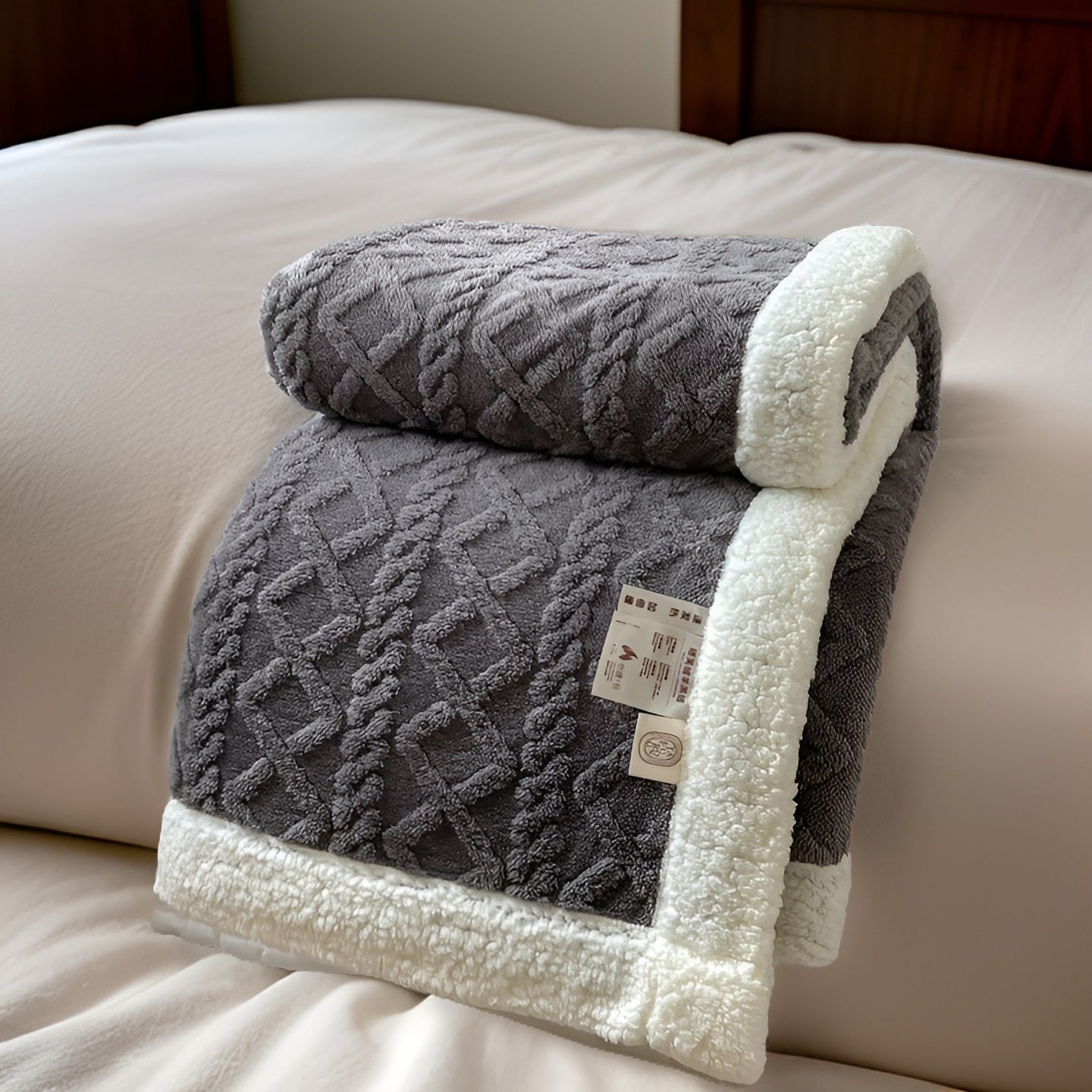 Fleece Blanket Polyester Sherpa 150.0 x 200.0 cm Grey White Sofa Bed Reversible Warm Throw Cosy Lounge Bedding | Thomler