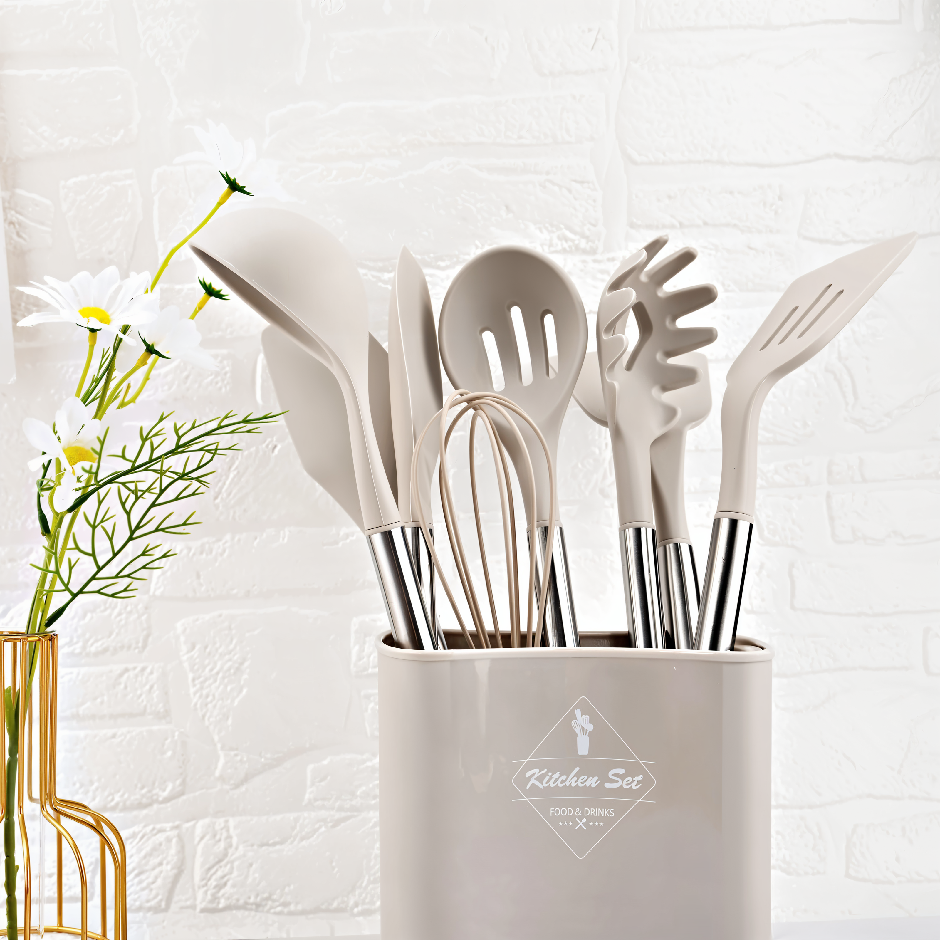 Kitchen Utensil Set Silicone Stainless Steel 12 Piece Everyday Cooking Baking Non Stick Pan Safe Heat Resistant Tools | Thomler