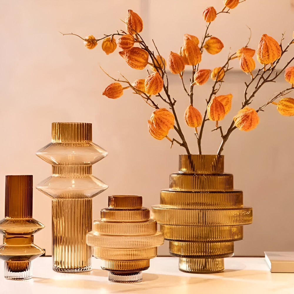 Honey Amber Glass Vase Modern Geometric Decorative Statement Piece for Table Centerpiece Shelf Display Living Room Dining Room Bedroom | Thomler
