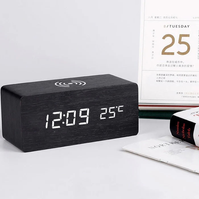 Wooden Bedside Charging Clock with LED Display – Qi Wireless Phone Charger Station with Time Date Temperature – Voice Activated Nightstand | Thomler