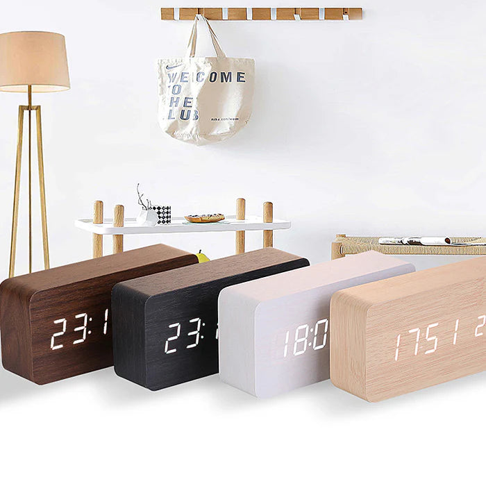 Wooden Bedside Charging Clock with LED Display – Qi Wireless Phone Charger Station with Time Date Temperature – Voice Activated Nightstand | Thomler
