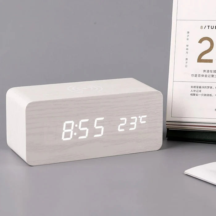 Wooden Bedside Charging Clock with LED Display – Qi Wireless Phone Charger Station with Time Date Temperature – Voice Activated Nightstand | Thomler