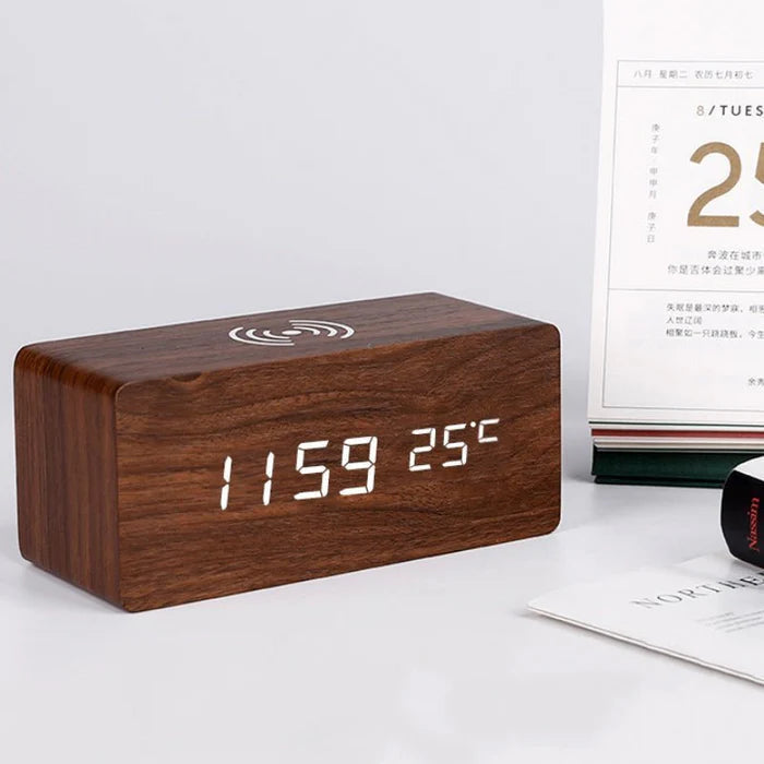 Wooden Bedside Charging Clock with LED Display – Qi Wireless Phone Charger Station with Time Date Temperature – Voice Activated Nightstand | Thomler