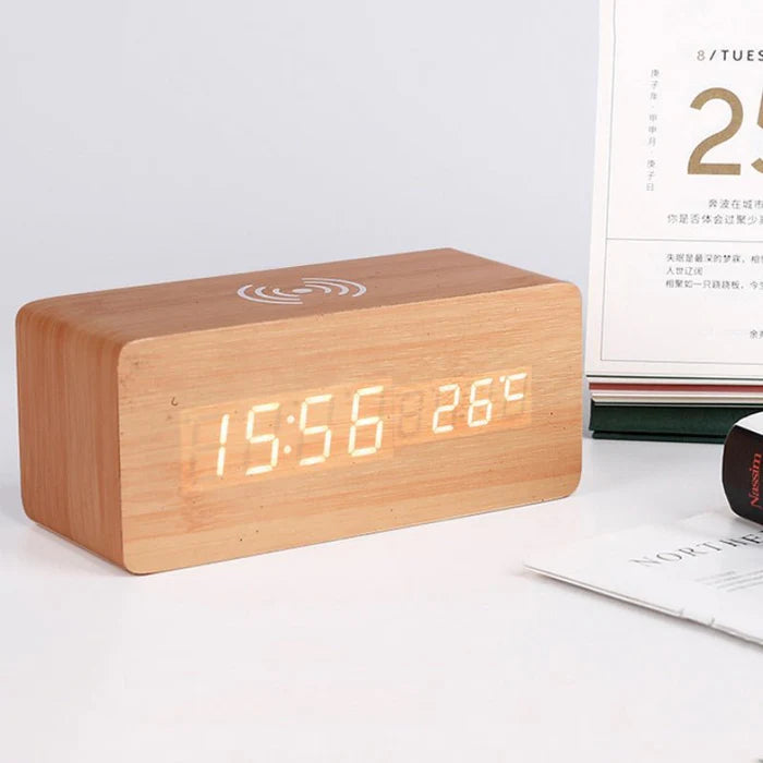 Wooden Bedside Charging Clock with LED Display – Qi Wireless Phone Charger Station with Time Date Temperature – Voice Activated Nightstand | Thomler