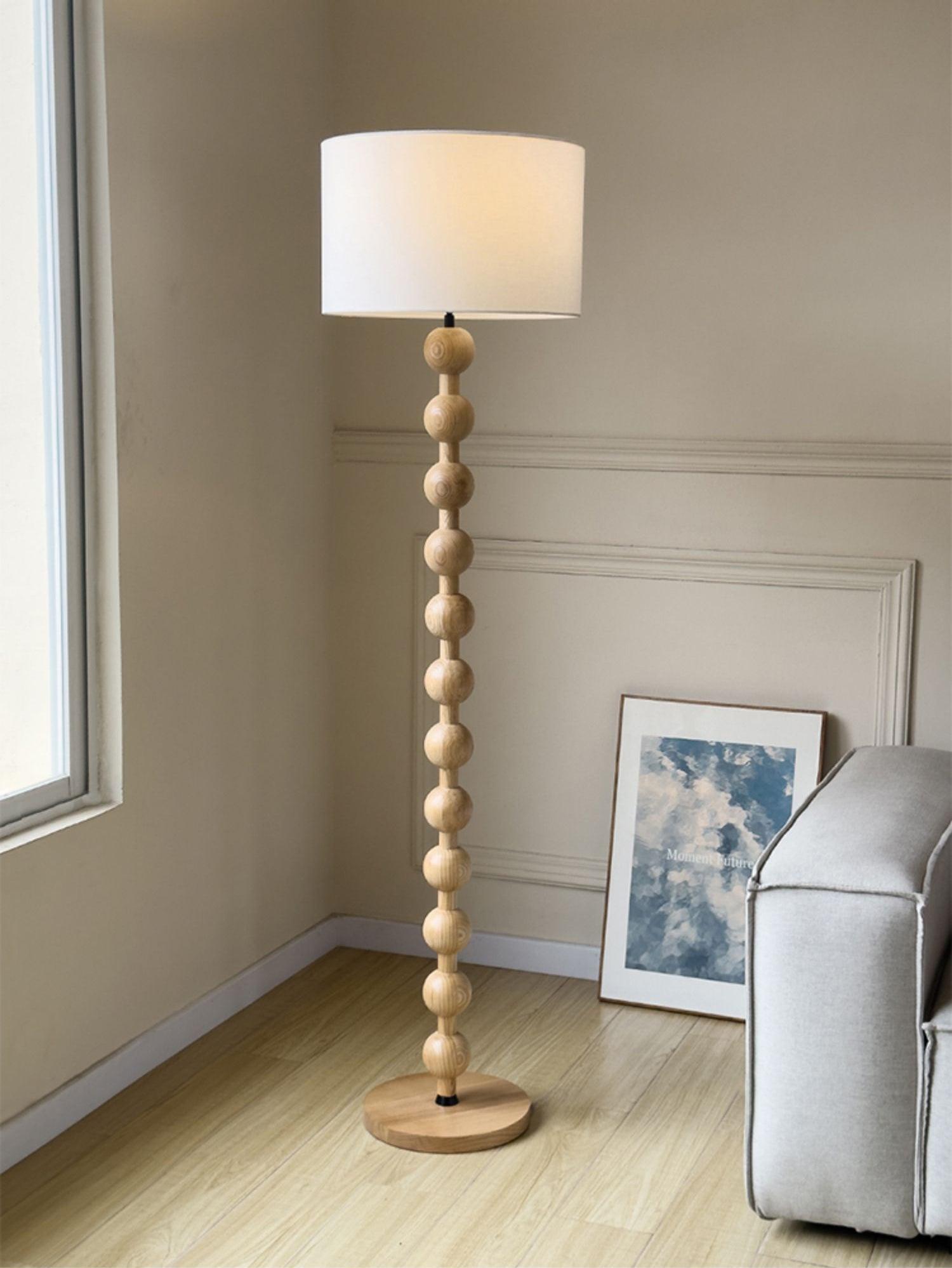 Floor Lamp Ash Wood 63 in White Fabric Shade Living Room Bedroom Accent Lighting | Thomler