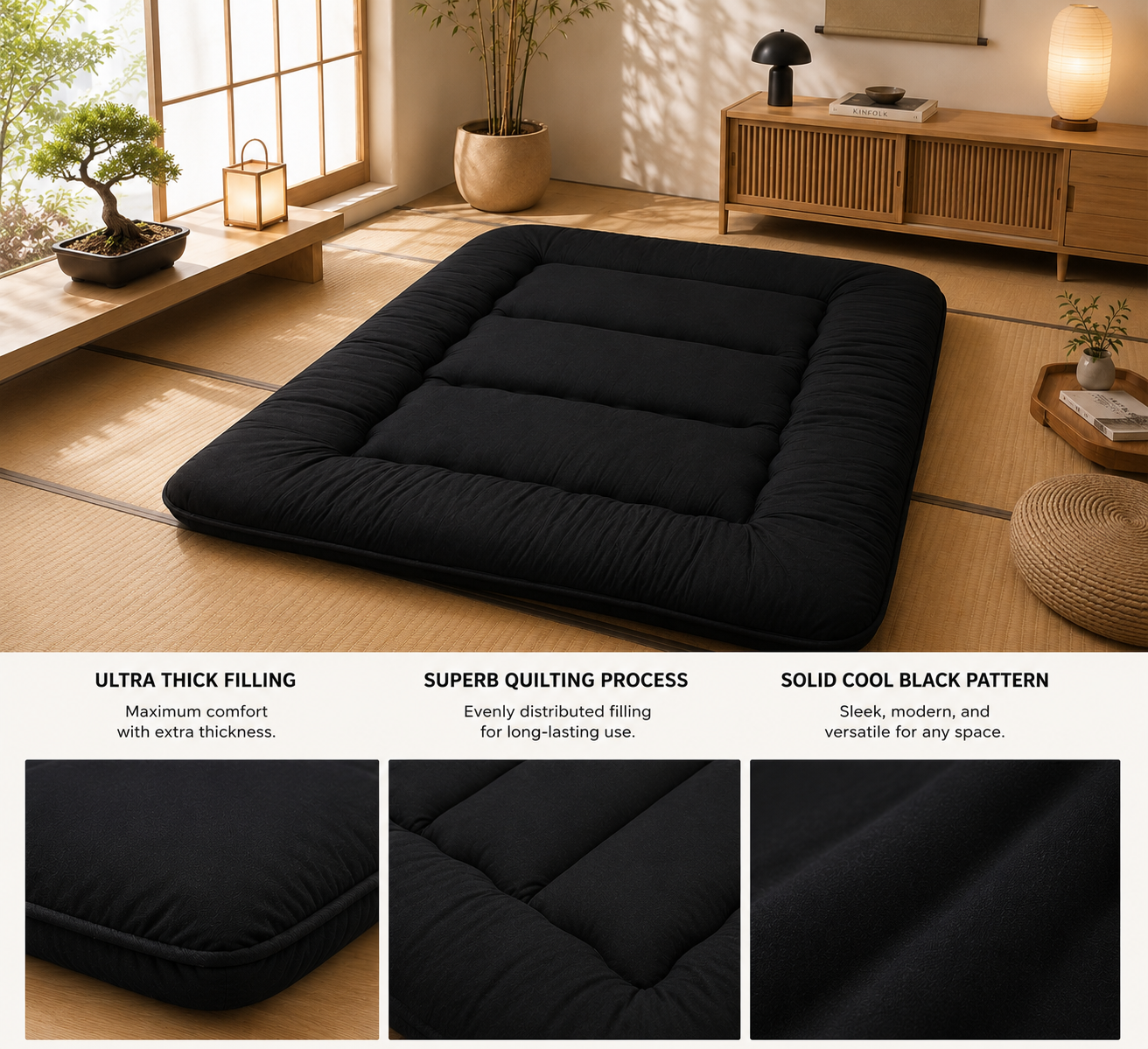 Foldable Floor Mattress 4-Inch Thick Quilted Sleeping Pad for Adults & Kids | Guest Bed, Dorm Room, Yoga | All-Season Portable Futon | Thomler
