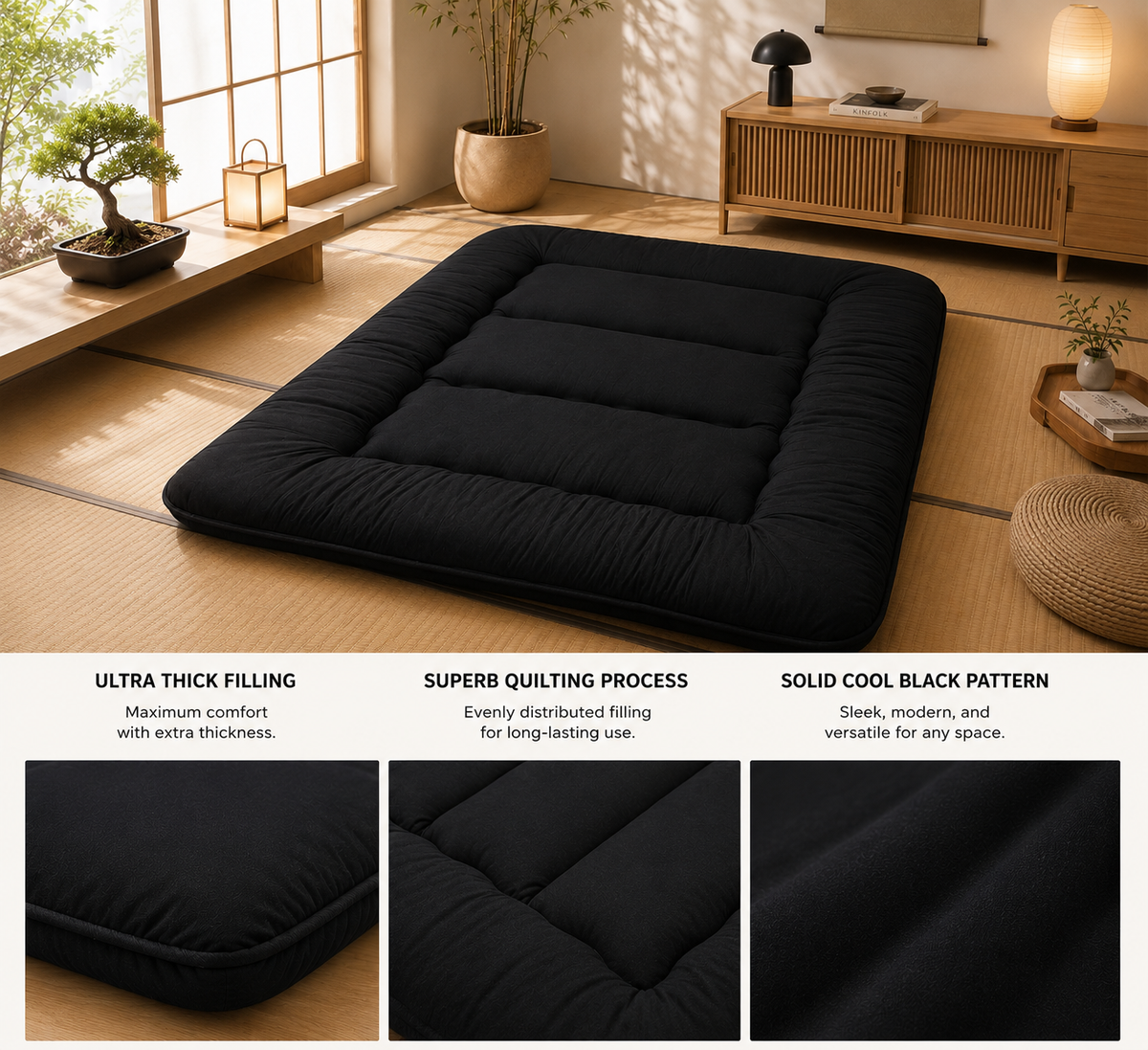 Foldable Floor Mattress 4-Inch Thick Quilted Sleeping Pad Roll-Up Guest Bed Tatami-Style Mat for Bedroom Dorm Meditation Adults Kids | Thomler