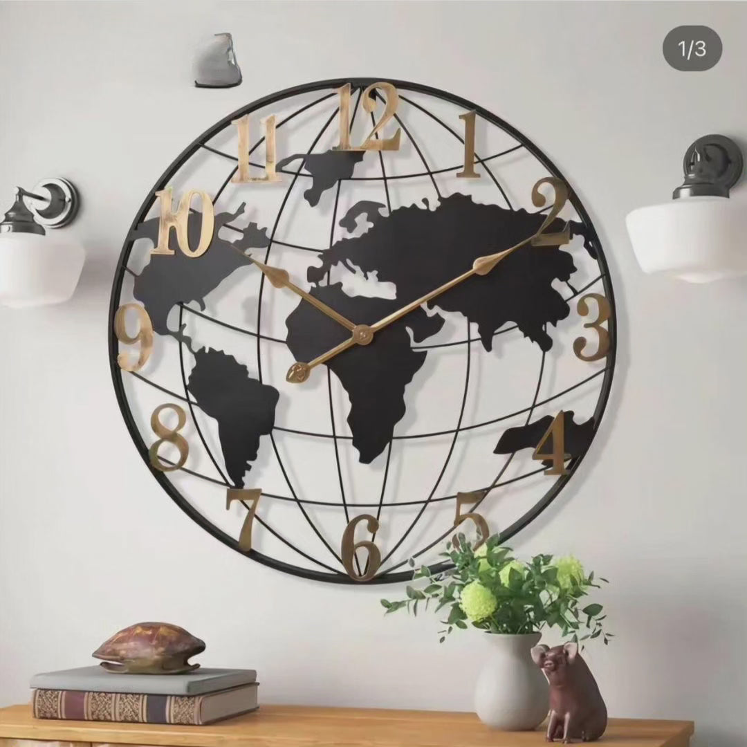 24-Inch World Map Wall Clock | Metal Frame Silent Quartz Movement for Living Room Bedroom Office | Decorative Globe Design Timepiece | Thomler