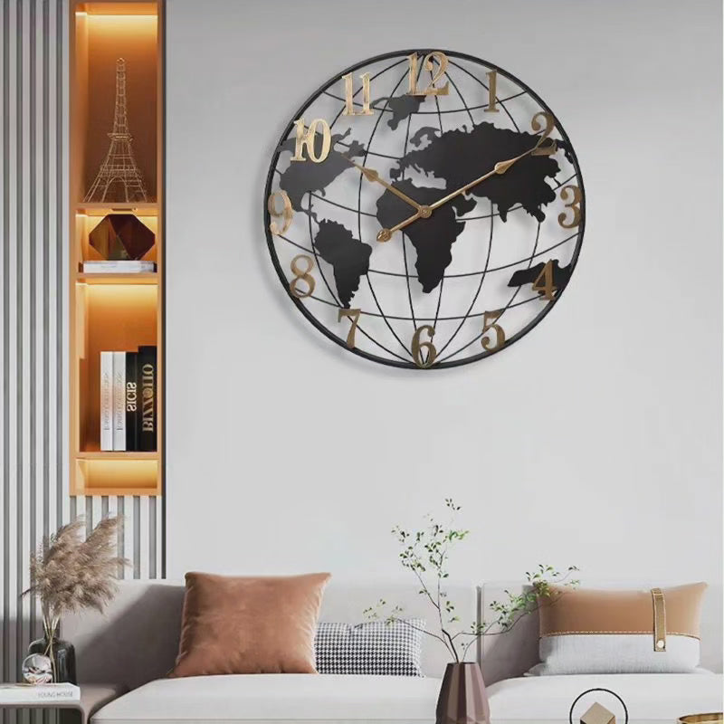 24-Inch World Map Wall Clock | Metal Frame Silent Quartz Movement for Living Room Bedroom Office | Decorative Globe Design Timepiece | Thomler