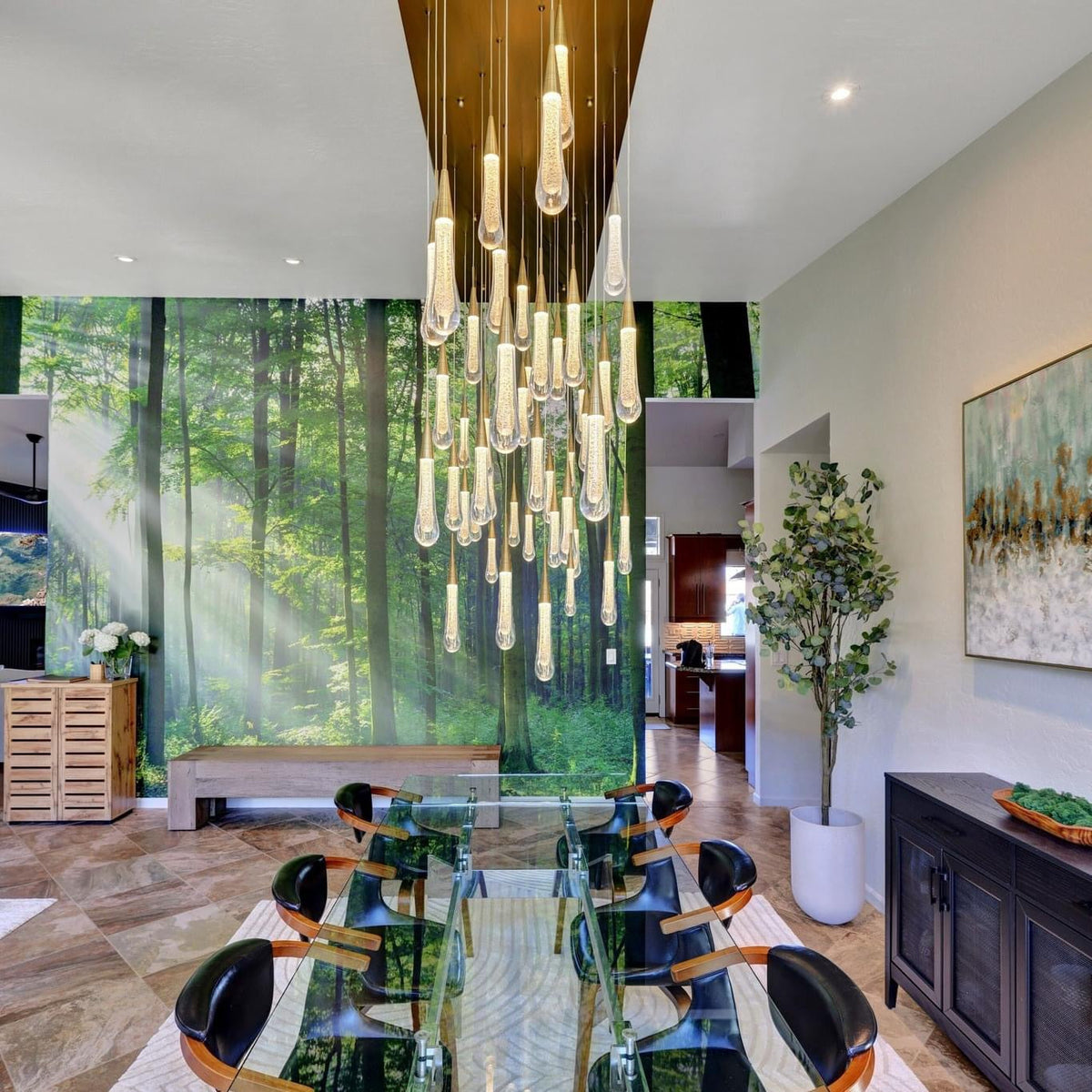 Cascading Raindrop Linear LED Chandelier – Textured Glass Orbs, Adjustable Height, Vaulted Ceiling Ready – 37 to 120 Inch Options for | Thomler