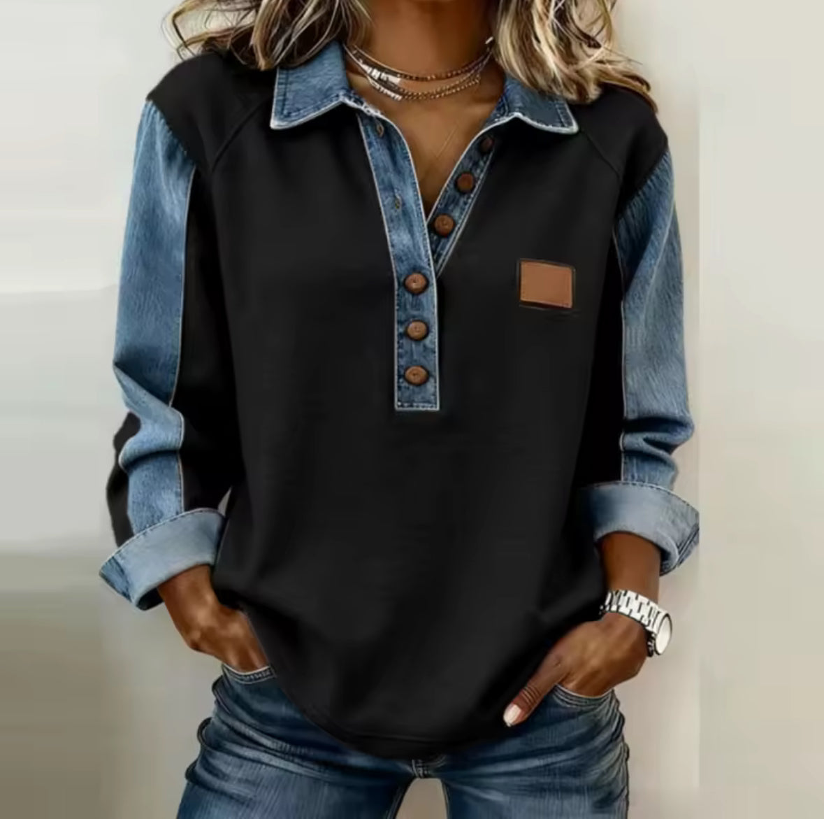 Men's Heathered Polo Sweatshirt with Contrast Chambray Sleeves & Collar – Hybrid Button-Front Top | Thomler