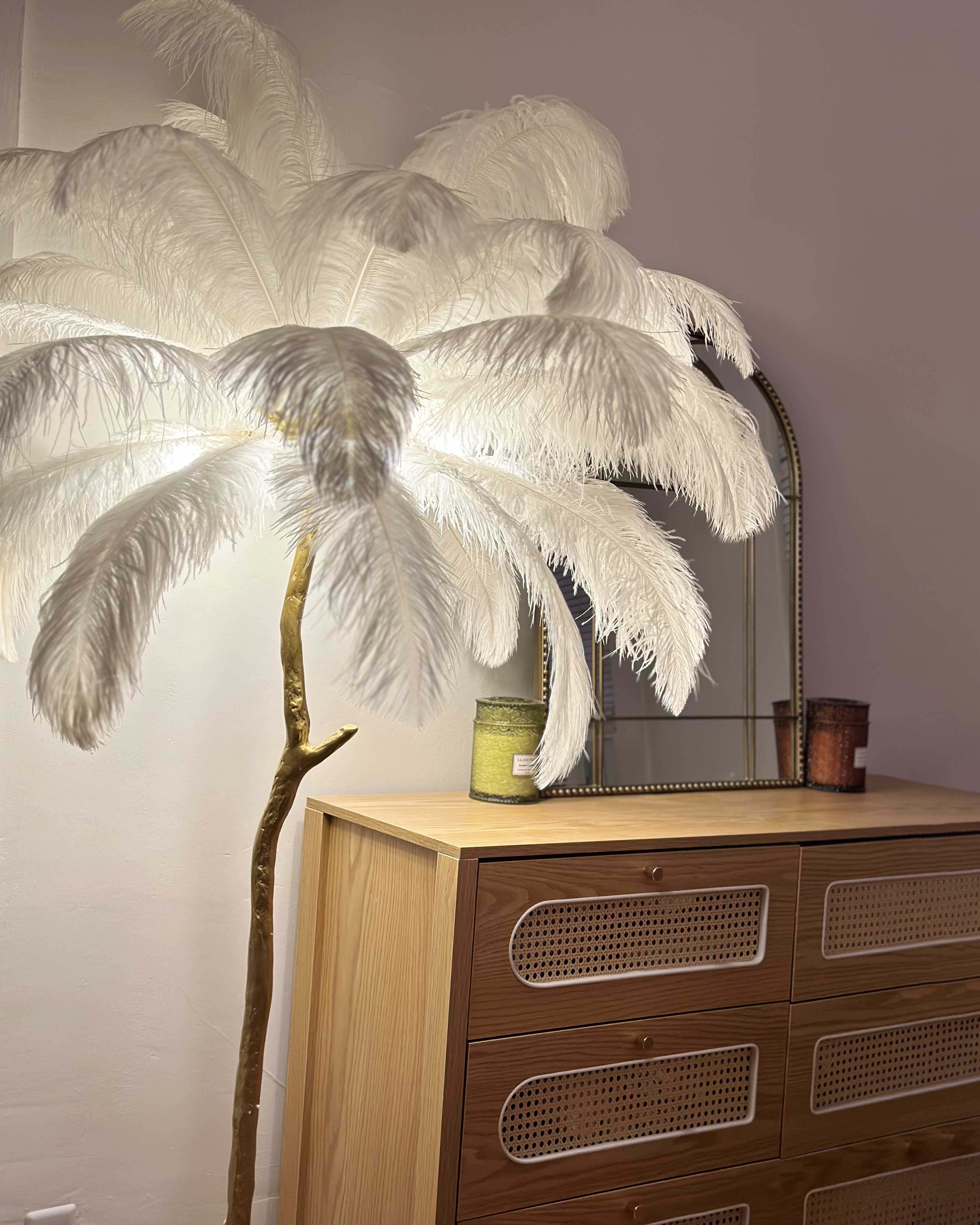 Floor Lamp Feather Shade 160.0 cm White Living Room Bedroom Palm Tree Standing Light Tropical Ambient Lighting | Thomler