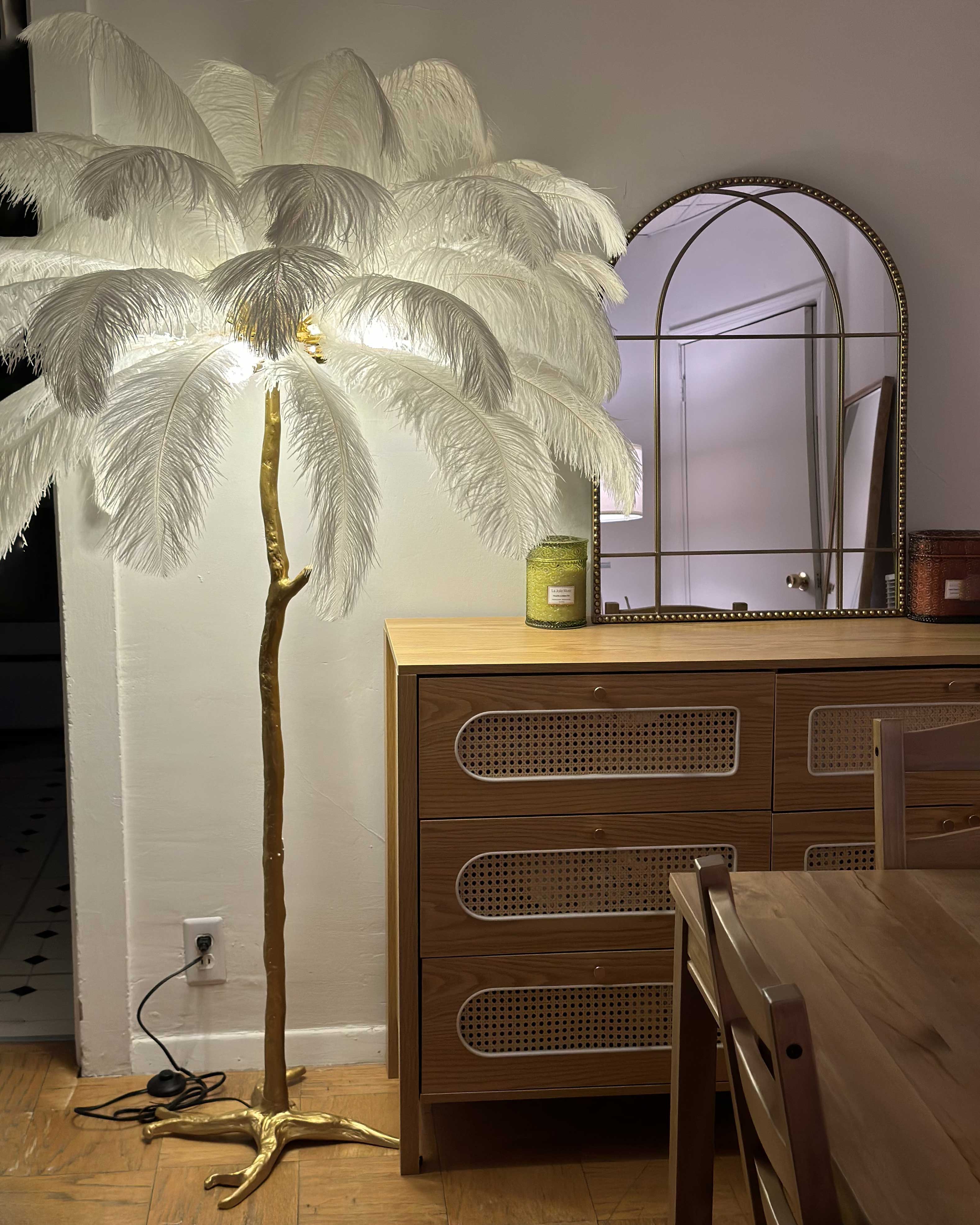 Floor Lamp Feather Shade 160.0 cm White Living Room Bedroom Palm Tree Standing Light Tropical Ambient Lighting | Thomler