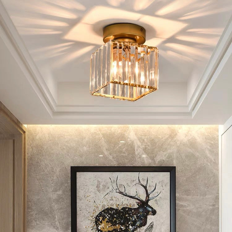 Square Brass Ceiling Light with Crystal Glass Cover – Modern Flush Mount Fixture for Bedroom, Hallway, Living Room & Home Office – E27 | Thomler