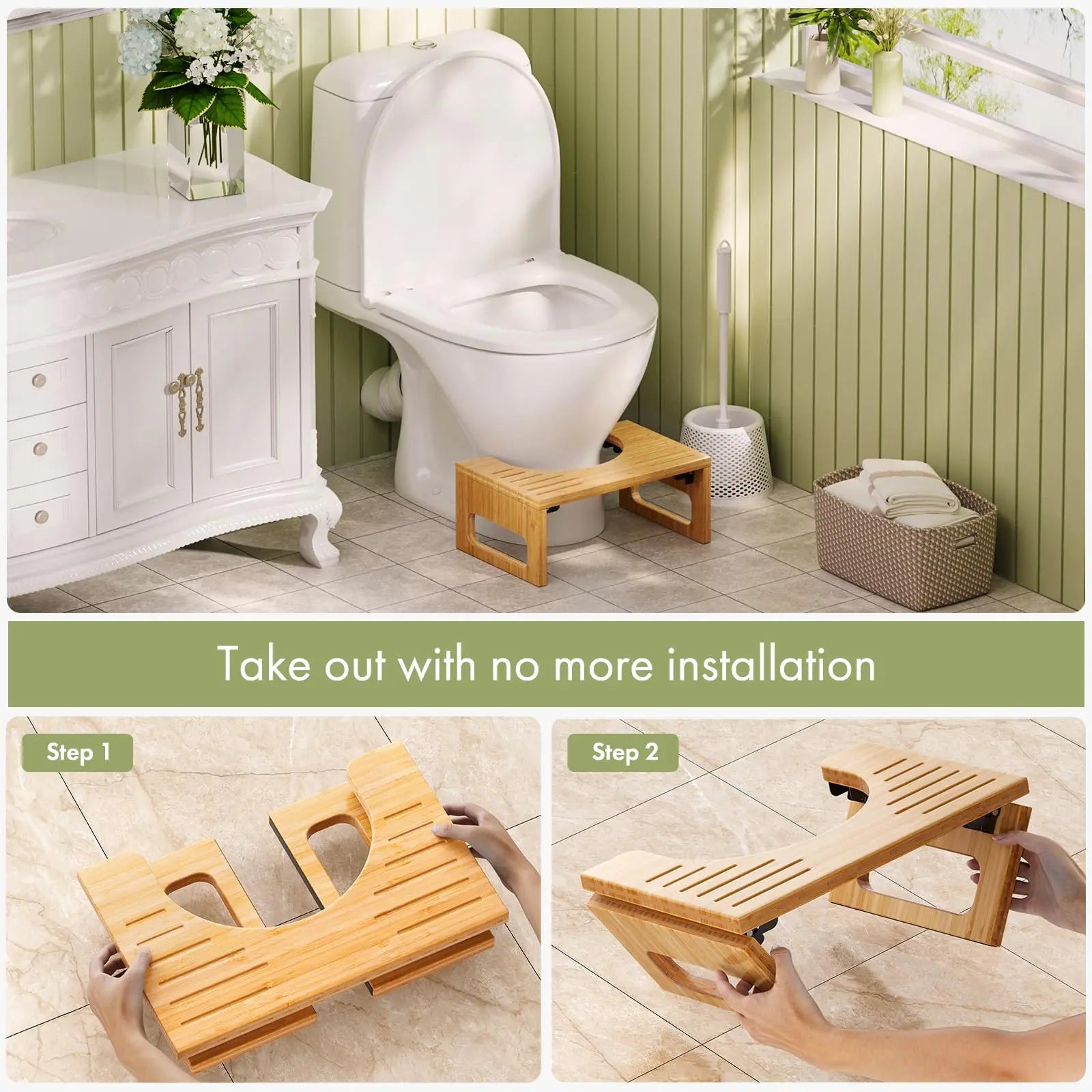 Collapsible Bathroom Footstool with Non-Slip Base – Space-Saving Bamboo Step Riser for Optimal Posture & Comfort | Thomler