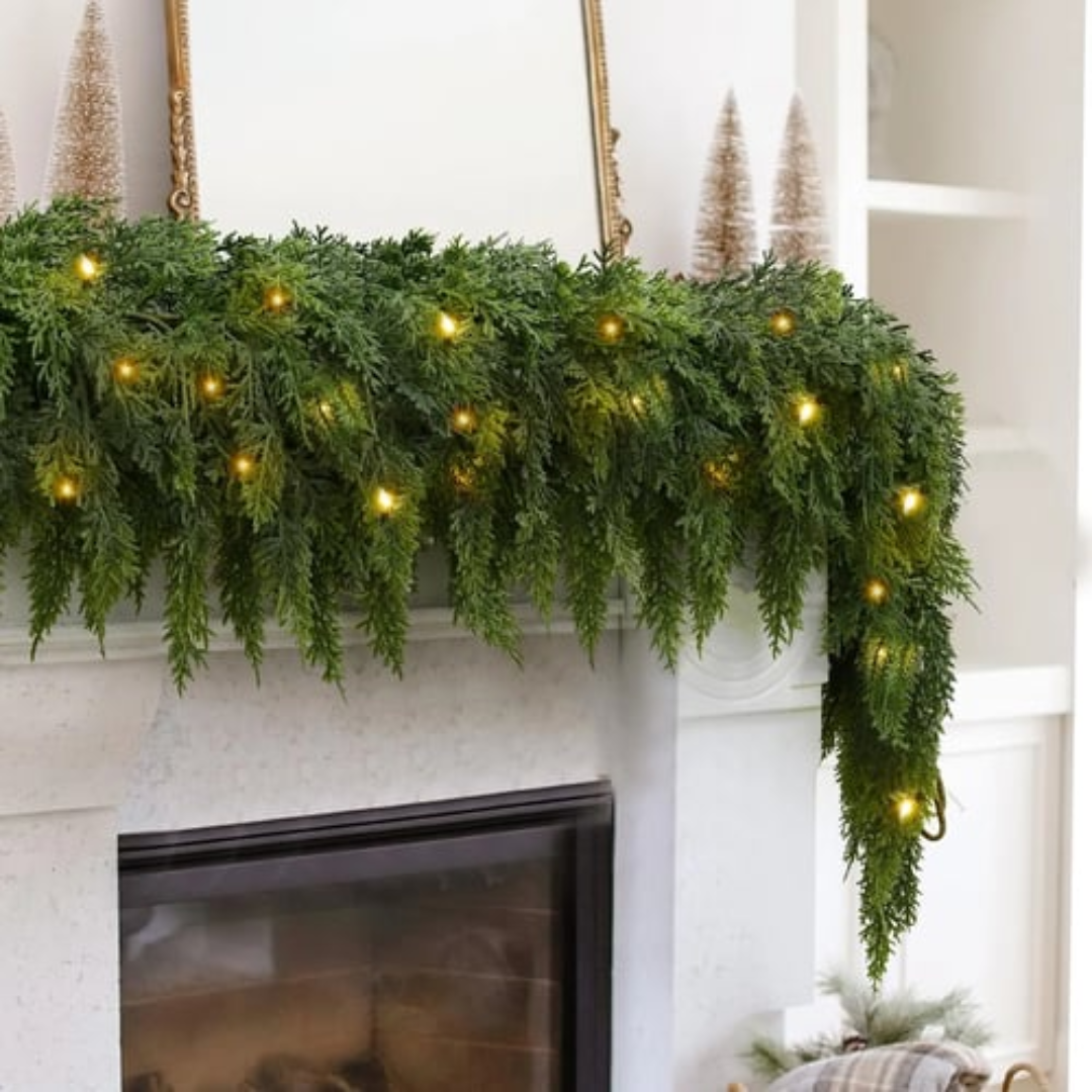 Illuminated Cedar Holiday Garland with Warm LED Lights – 6.5 Foot Artificial Evergreen Swag for Indoor Outdoor Decoration | Thomler