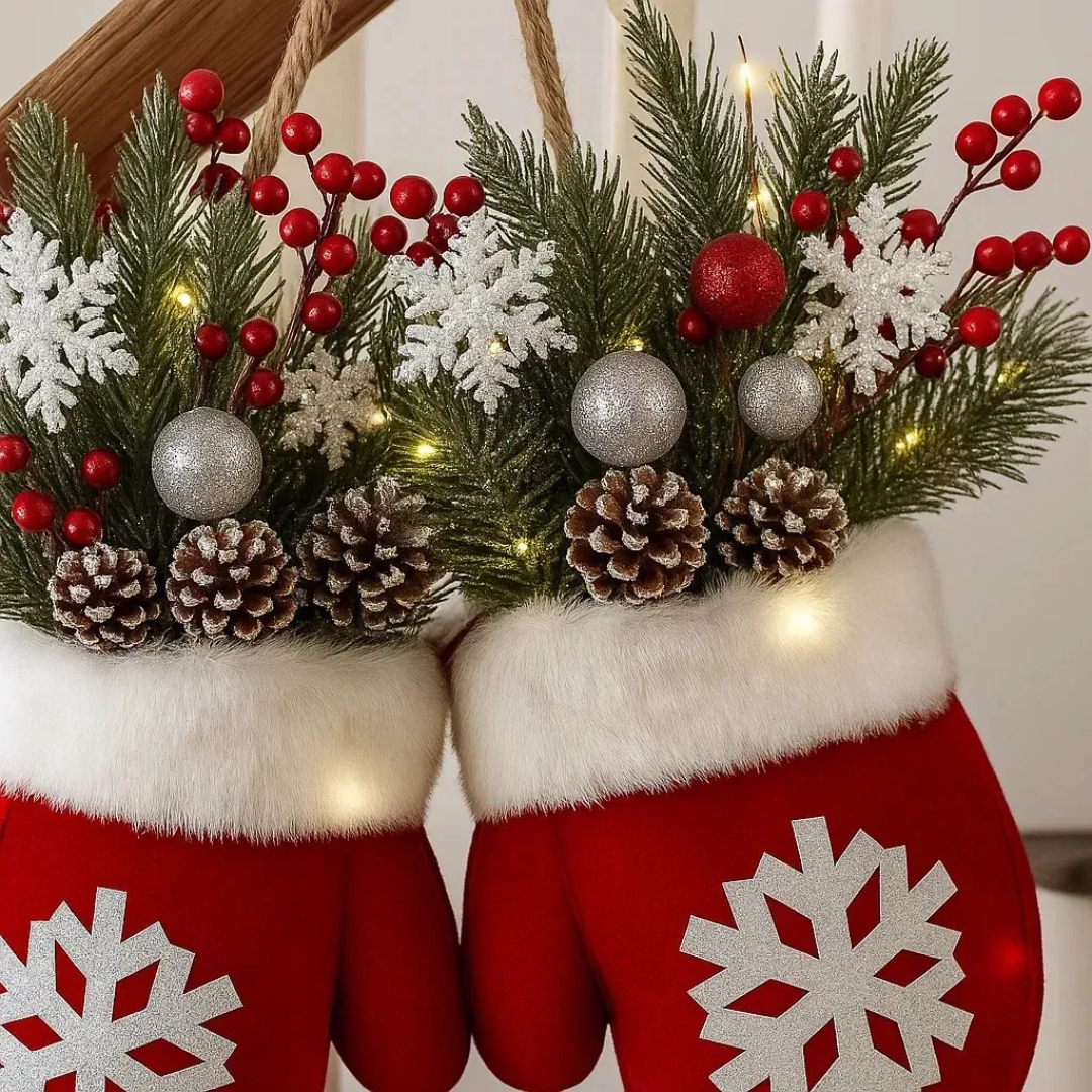 Illuminated Holiday Mitten Door & Stair Decoration with Pine & Berries | Thomler
