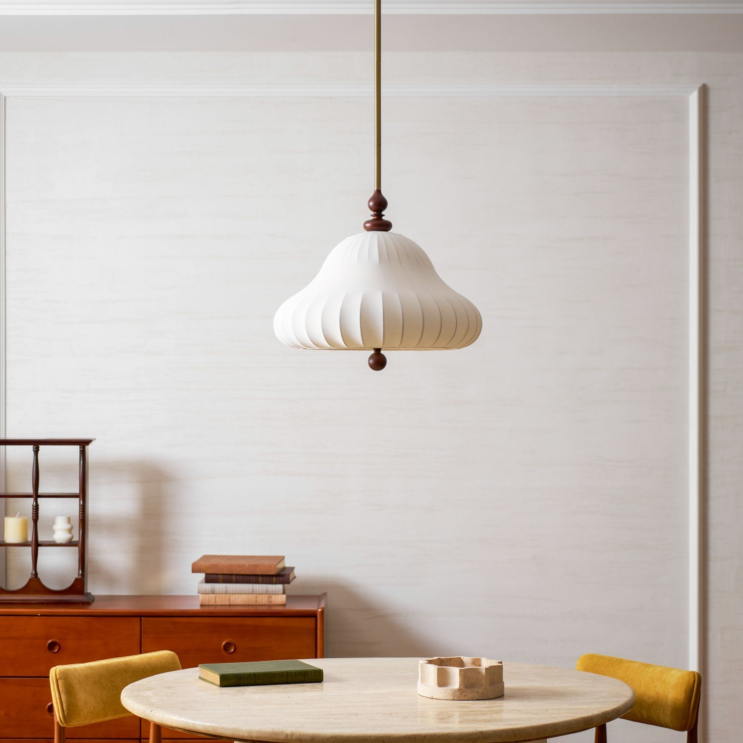 Adjustable Hanging Lamp with Layered Petal Shade Wood Metal Mixed Material 20 Inch Diameter for Dining Living Bedroom | Thomler