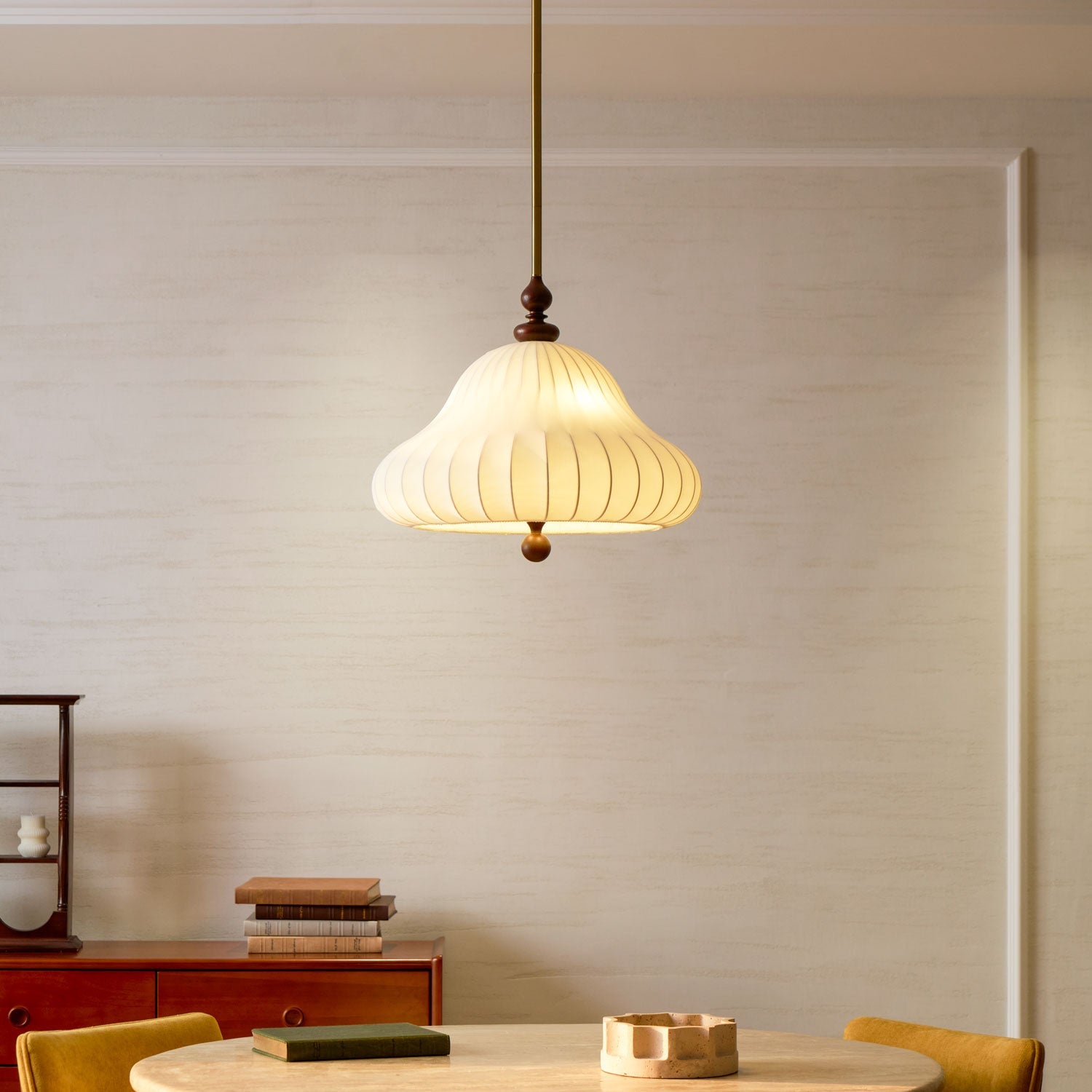 Adjustable Hanging Lamp with Layered Petal Shade Wood Metal Mixed Material 20 Inch Diameter for Dining Living Bedroom | Thomler