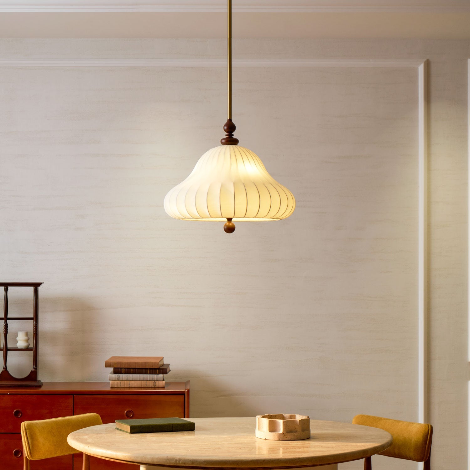 Adjustable Hanging Lamp with Layered Petal Shade Wood Metal Mixed Material 20 Inch Diameter for Dining Living Bedroom | Thomler
