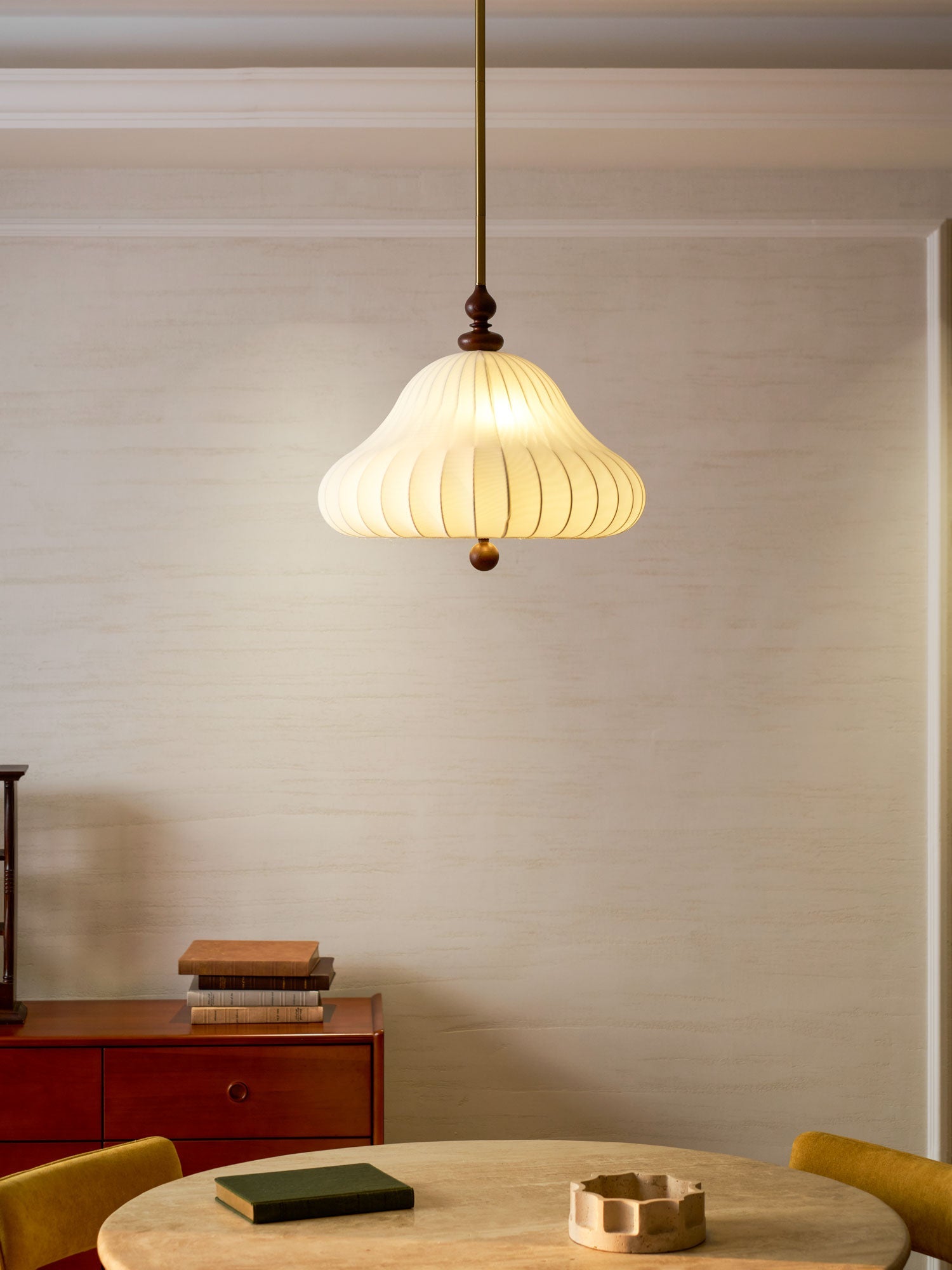 Adjustable Hanging Lamp with Layered Petal Shade Wood Metal Mixed Material 20 Inch Diameter for Dining Living Bedroom | Thomler