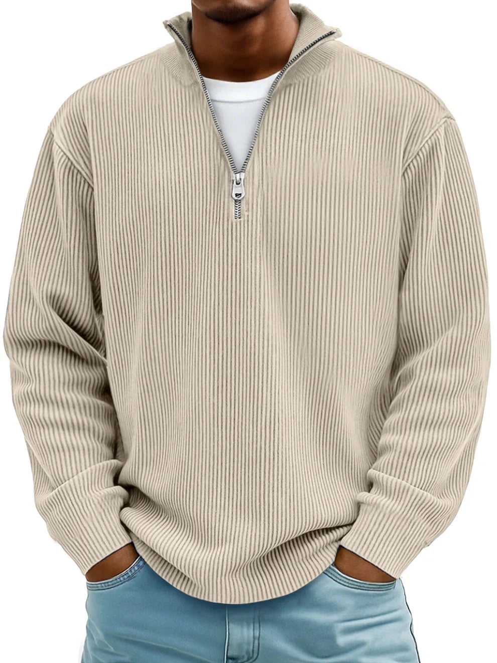 Men's Quarter-Zip Pullover with Stand Collar – Textured Knit Long Sleeve Top for Work & Weekend | Thomler