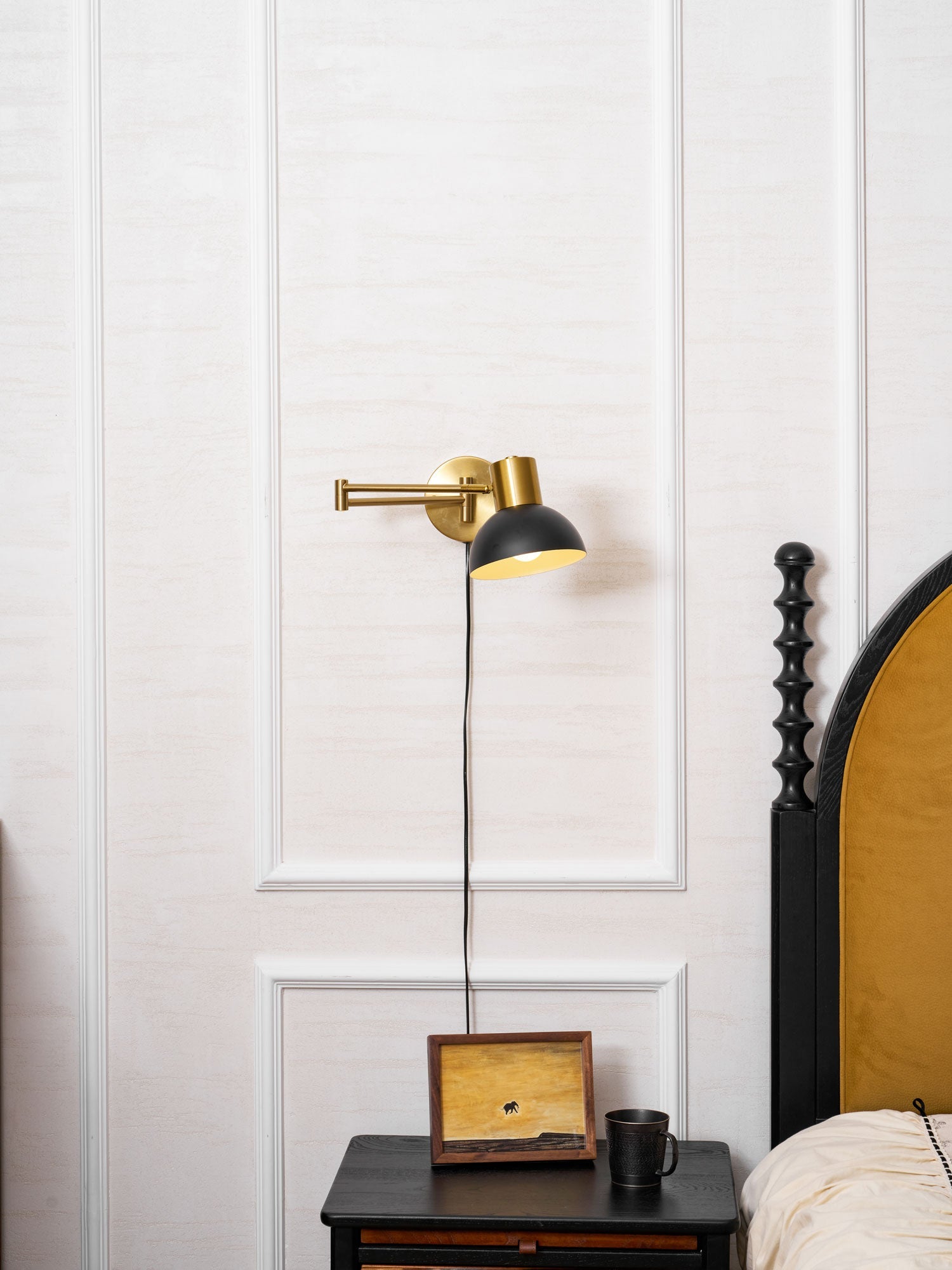 Wall Lamp Metal Adjustable Arm 27.6 in Black Gold Indoor Reading Light 360° Rotatable Shade Contemporary Bedroom Living Room | Thomler