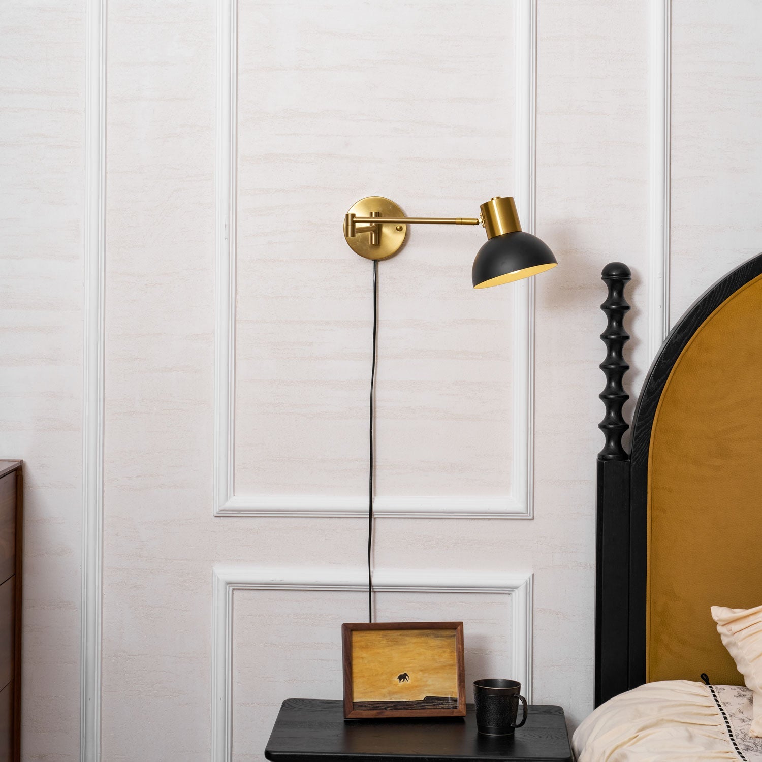 Wall Lamp Metal Adjustable Arm 27.6 in Black Gold Indoor Reading Light 360° Rotatable Shade Contemporary Bedroom Living Room | Thomler