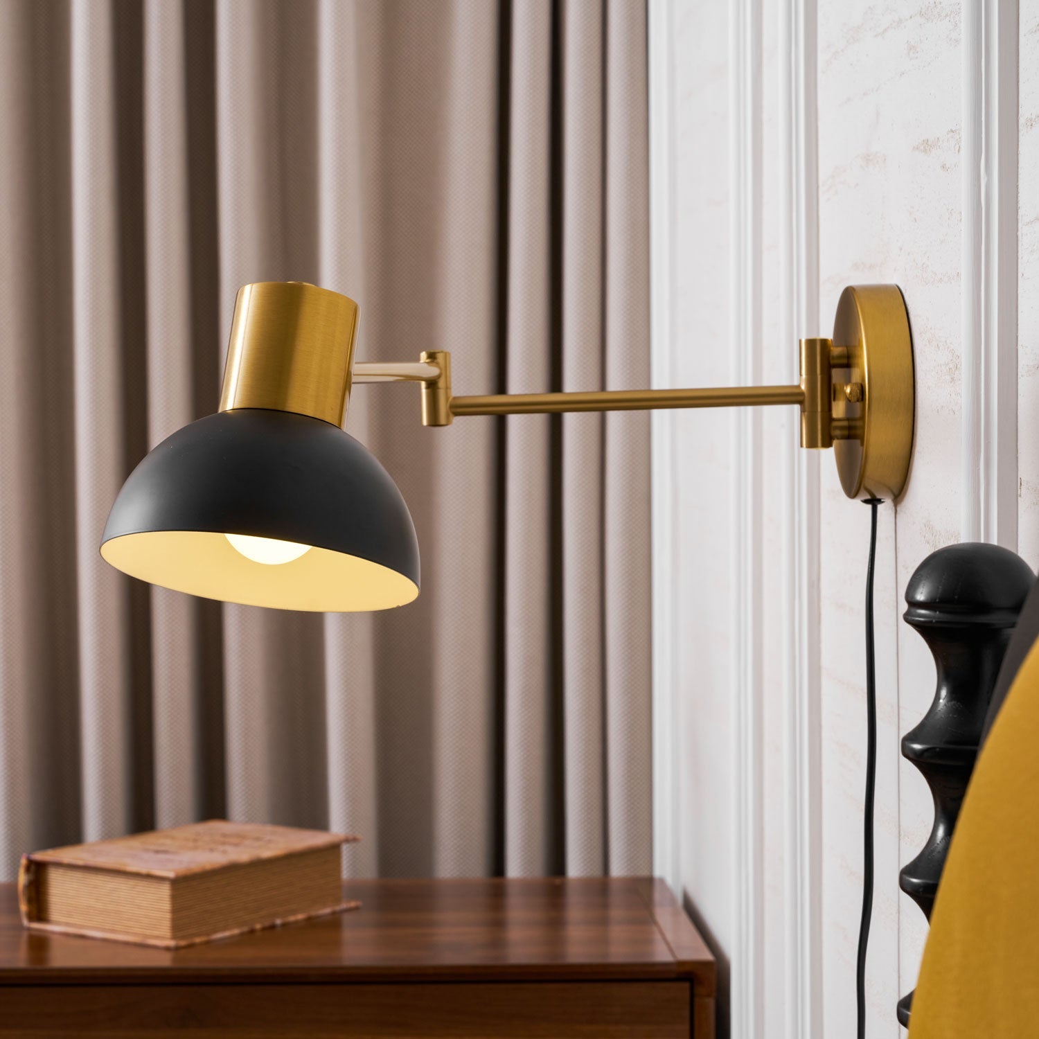 Wall Lamp Metal Adjustable Arm 27.6 in Black Gold Indoor Reading Light 360° Rotatable Shade Contemporary Bedroom Living Room | Thomler