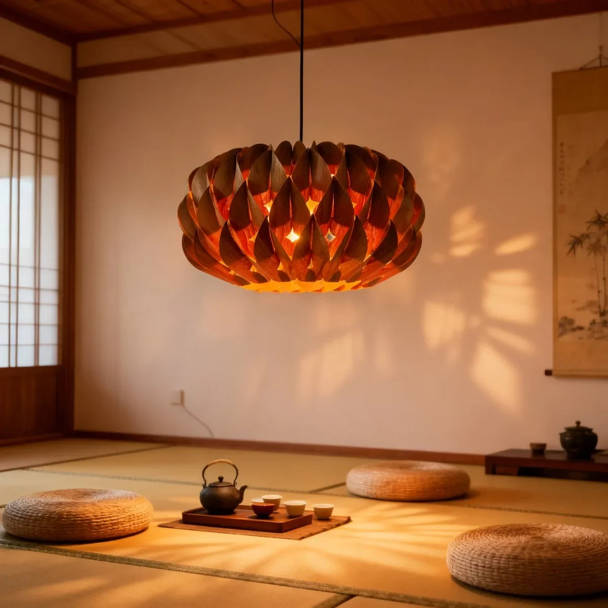 Drum Pendant Light with Natural Wood Slat Shade for Dining Room & Living Space | Thomler