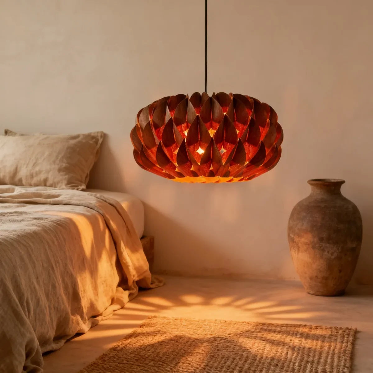 Drum Pendant Light with Natural Wood Slat Shade for Dining Room & Living Space | Thomler