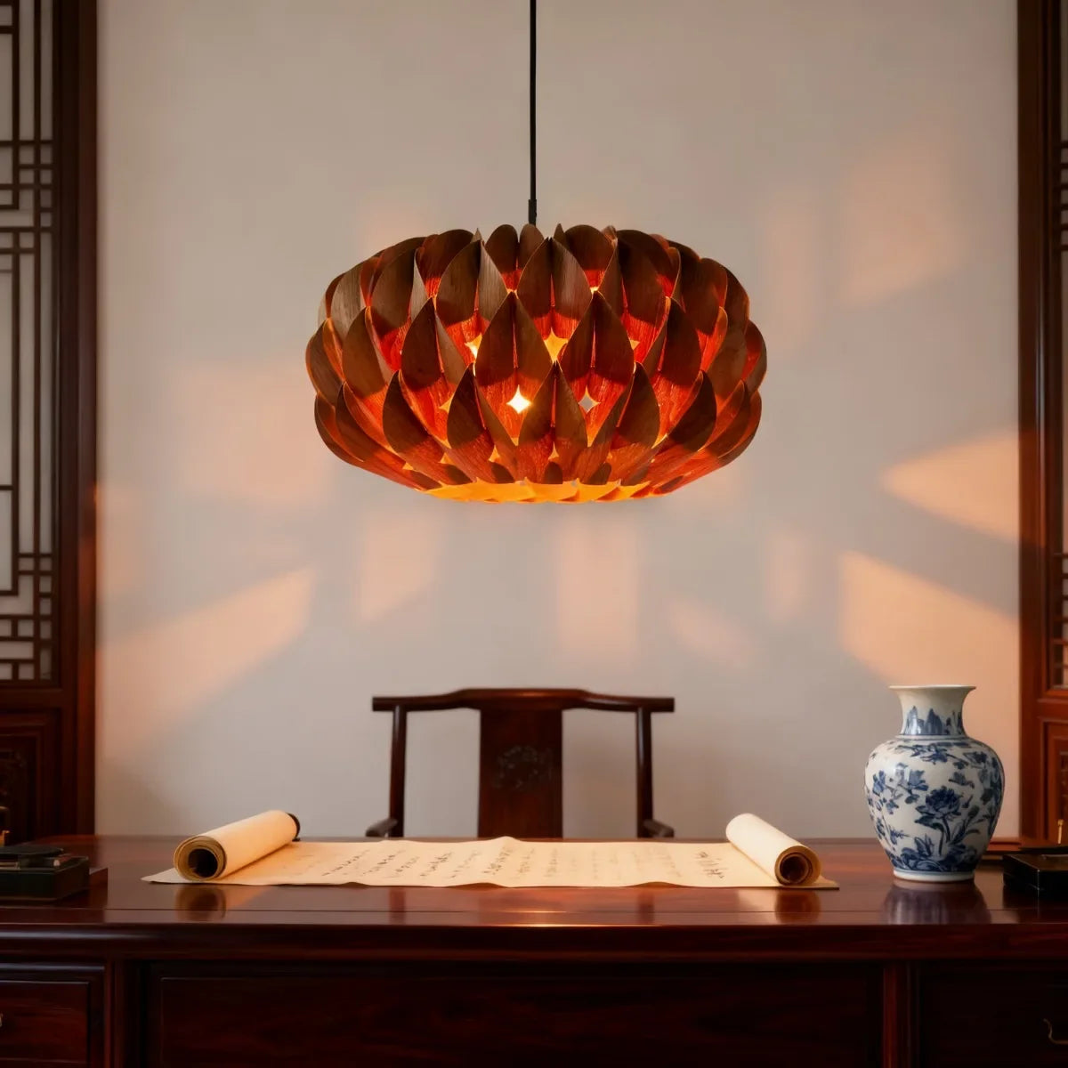 Drum Pendant Light with Natural Wood Slat Shade for Dining Room & Living Space | Thomler