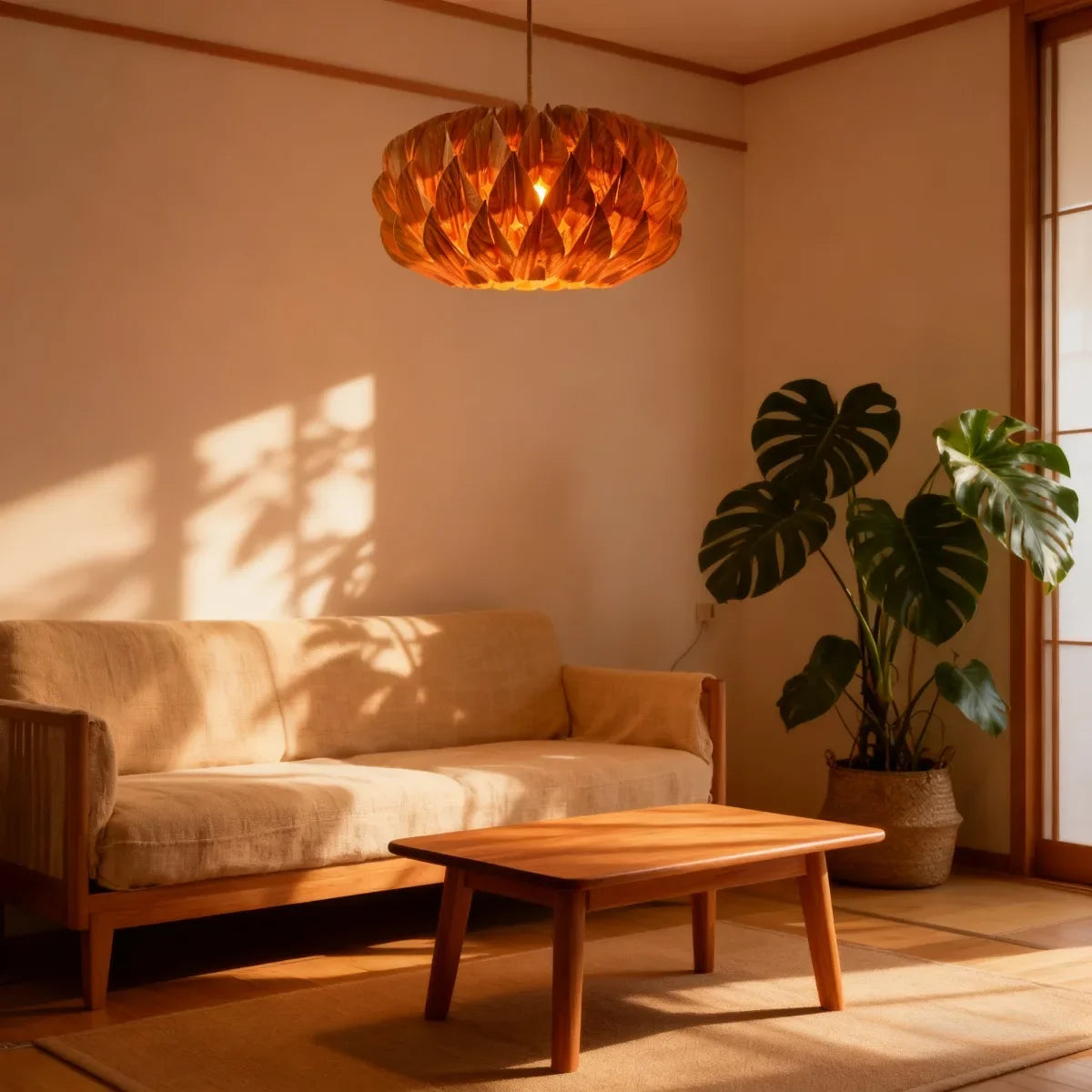 Drum Pendant Light with Natural Wood Slat Shade for Dining Room & Living Space | Thomler