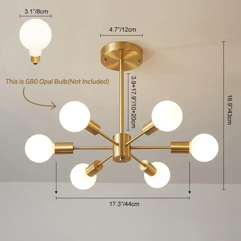 Ceiling Light Metal 44.0 cm Brass Six-Arm Indoor Dining Room Living Room Chandelier Modern Pendant Lighting Fixture | Thomler