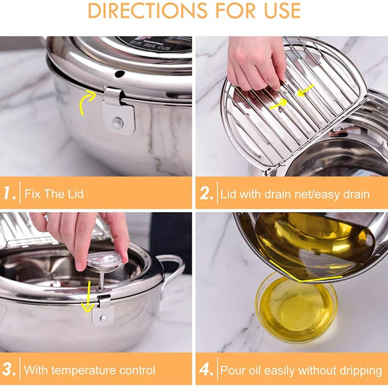 Deep Fryer Stainless Steel 24.0 cm Silver Home Cooking Temperature Control Draining Lid Oil Frying | Thomler