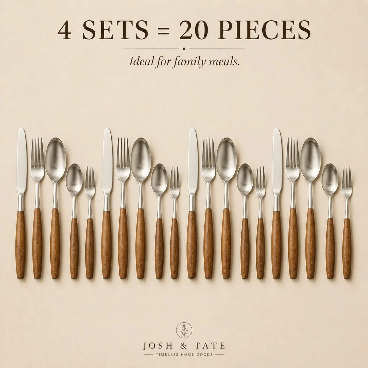 Timber-Grip Stainless Steel Cutlery Collection – 5, 20 or 30 Piece Dining Sets with Natural Wood Accents | Thomler