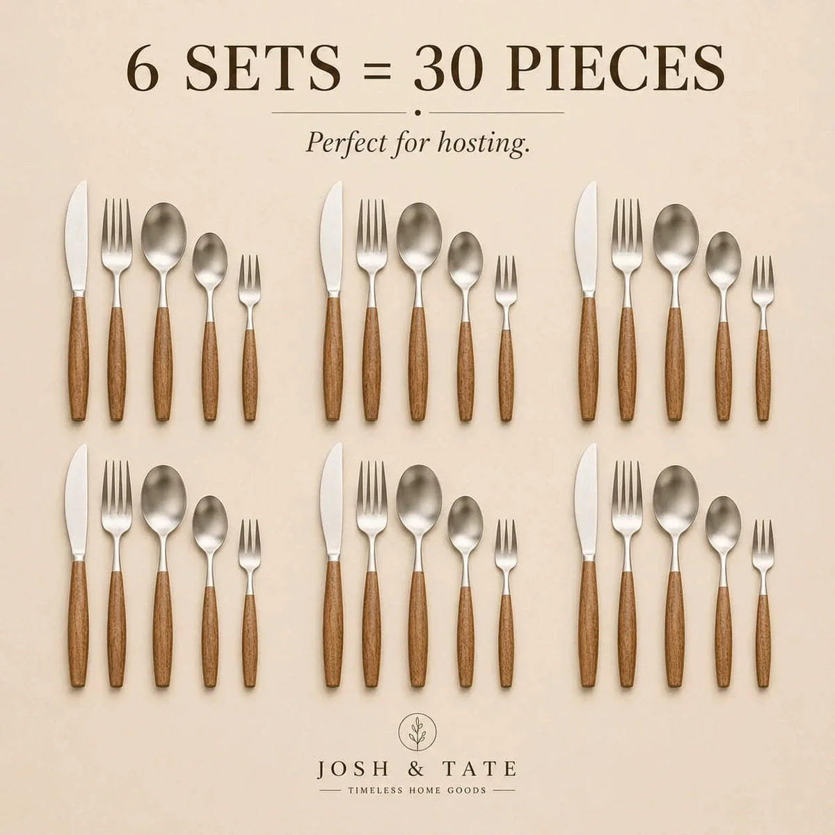 Timber-Grip Stainless Steel Cutlery Collection – 5, 20 or 30 Piece Dining Sets with Natural Wood Accents | Thomler
