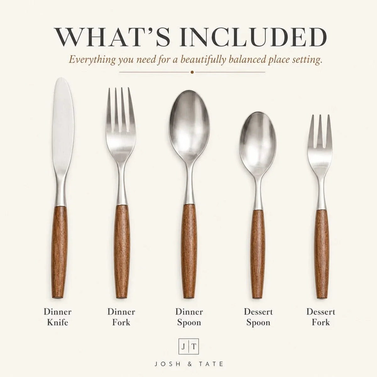 Timber-Grip Stainless Steel Cutlery Collection – 5, 20 or 30 Piece Dining Sets with Natural Wood Accents | Thomler