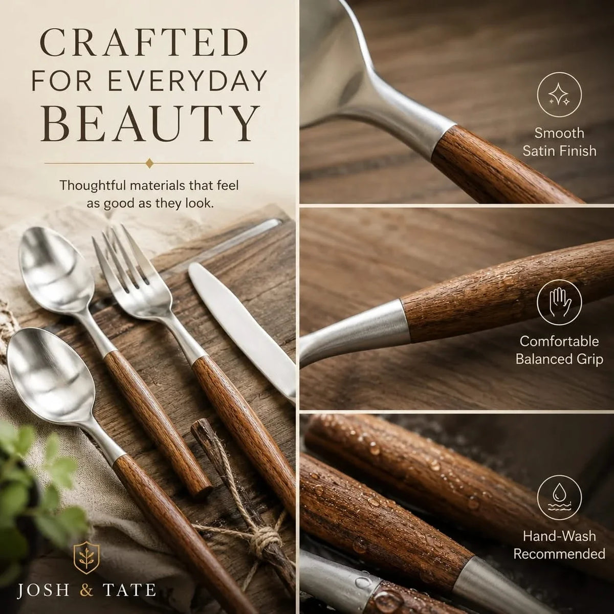 Timber-Grip Stainless Steel Cutlery Collection – 5, 20 or 30 Piece Dining Sets with Natural Wood Accents | Thomler