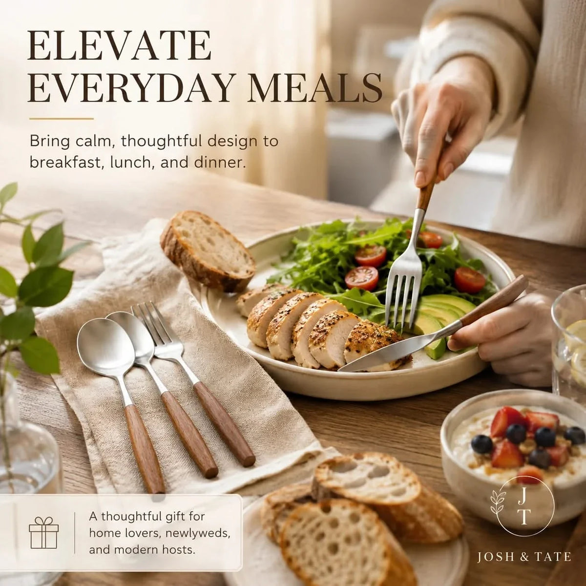 Timber-Grip Stainless Steel Cutlery Collection – 5, 20 or 30 Piece Dining Sets with Natural Wood Accents | Thomler