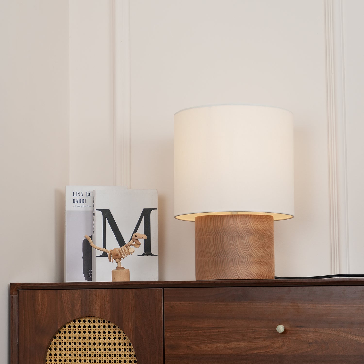 Table Lamp Wood Fabric Shade 11.8 in Bedroom Nightstand Living Room Wabi Sabi Rustic Minimalist Lighting | Thomler