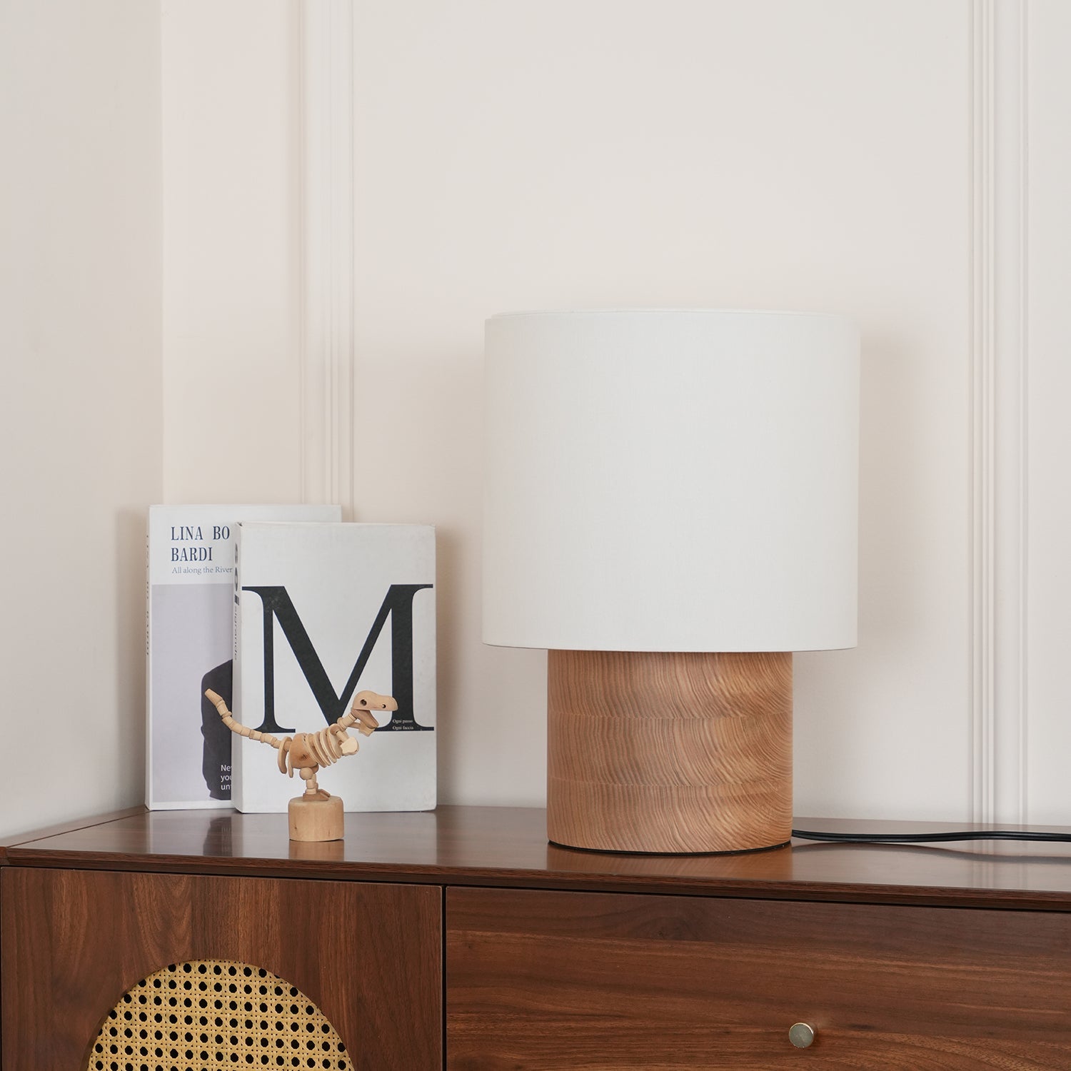 Table Lamp Wood Fabric Shade 11.8 in Bedroom Nightstand Living Room Wabi Sabi Rustic Minimalist Lighting | Thomler