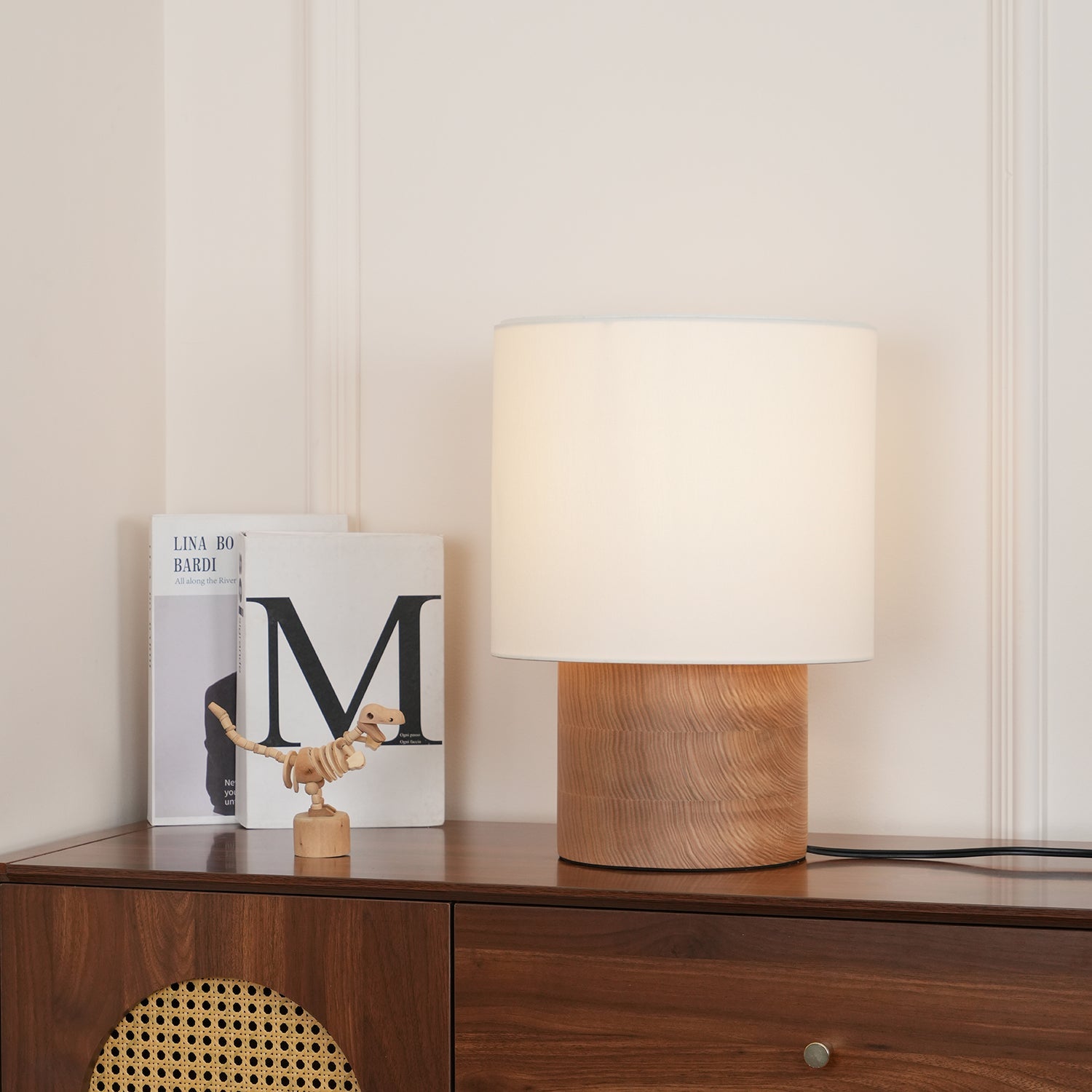 Table Lamp Wood Fabric Shade 11.8 in Bedroom Nightstand Living Room Wabi Sabi Rustic Minimalist Lighting | Thomler