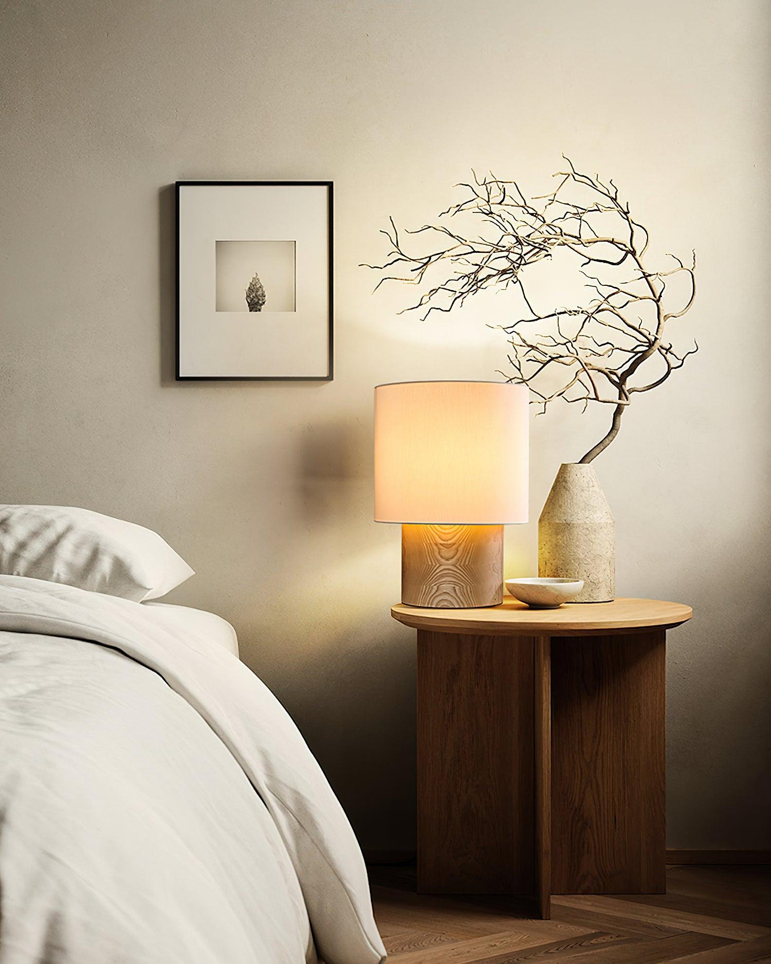Table Lamp Wood Fabric Shade 11.8 in Bedroom Nightstand Living Room Wabi Sabi Rustic Minimalist Lighting | Thomler