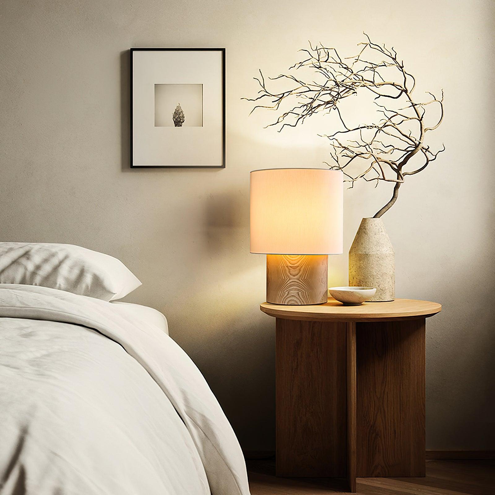 Table Lamp Wood Fabric Shade 11.8 in Bedroom Nightstand Living Room Wabi Sabi Rustic Minimalist Lighting | Thomler