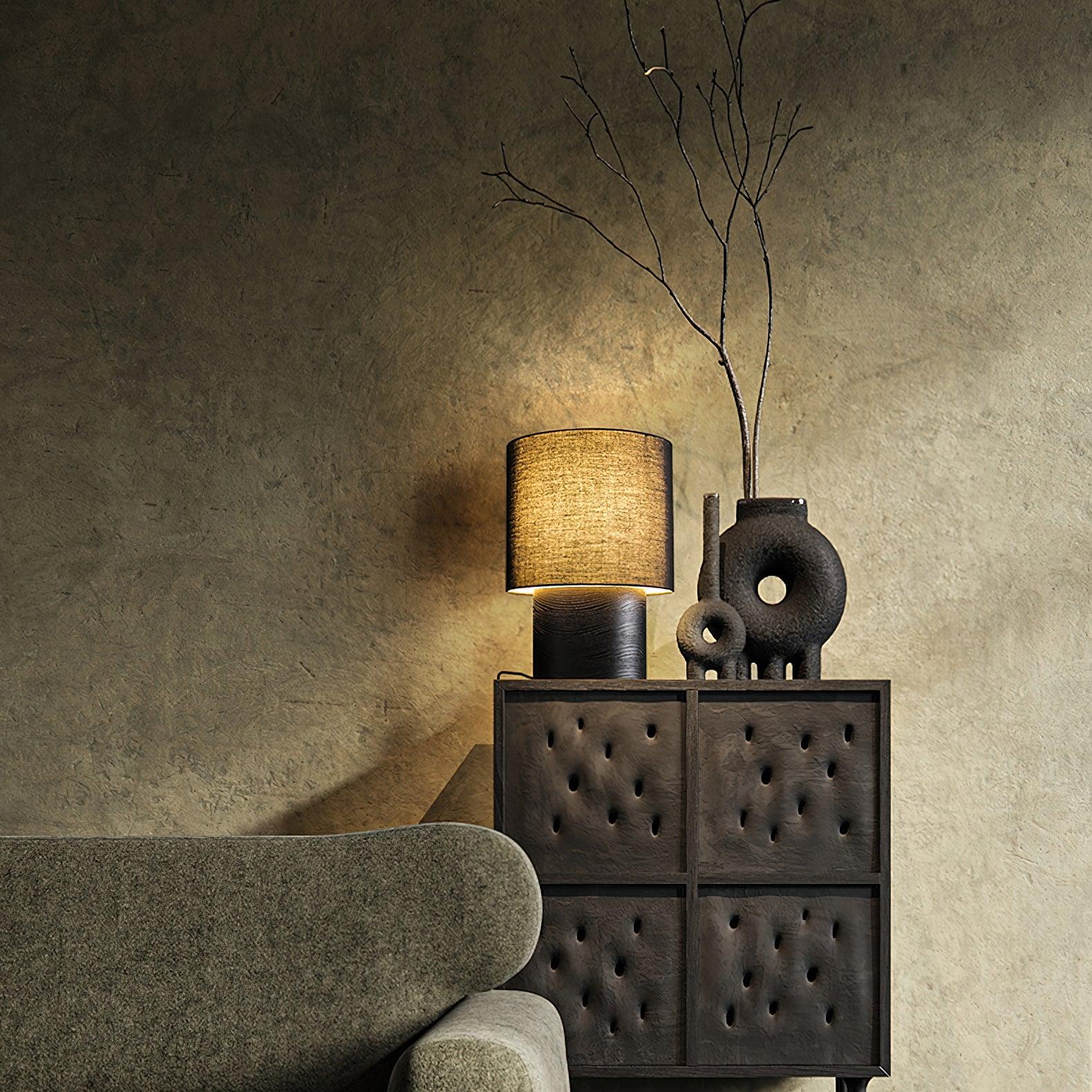 Table Lamp Wood Fabric Shade 11.8 in Bedroom Nightstand Living Room Wabi Sabi Rustic Minimalist Lighting | Thomler